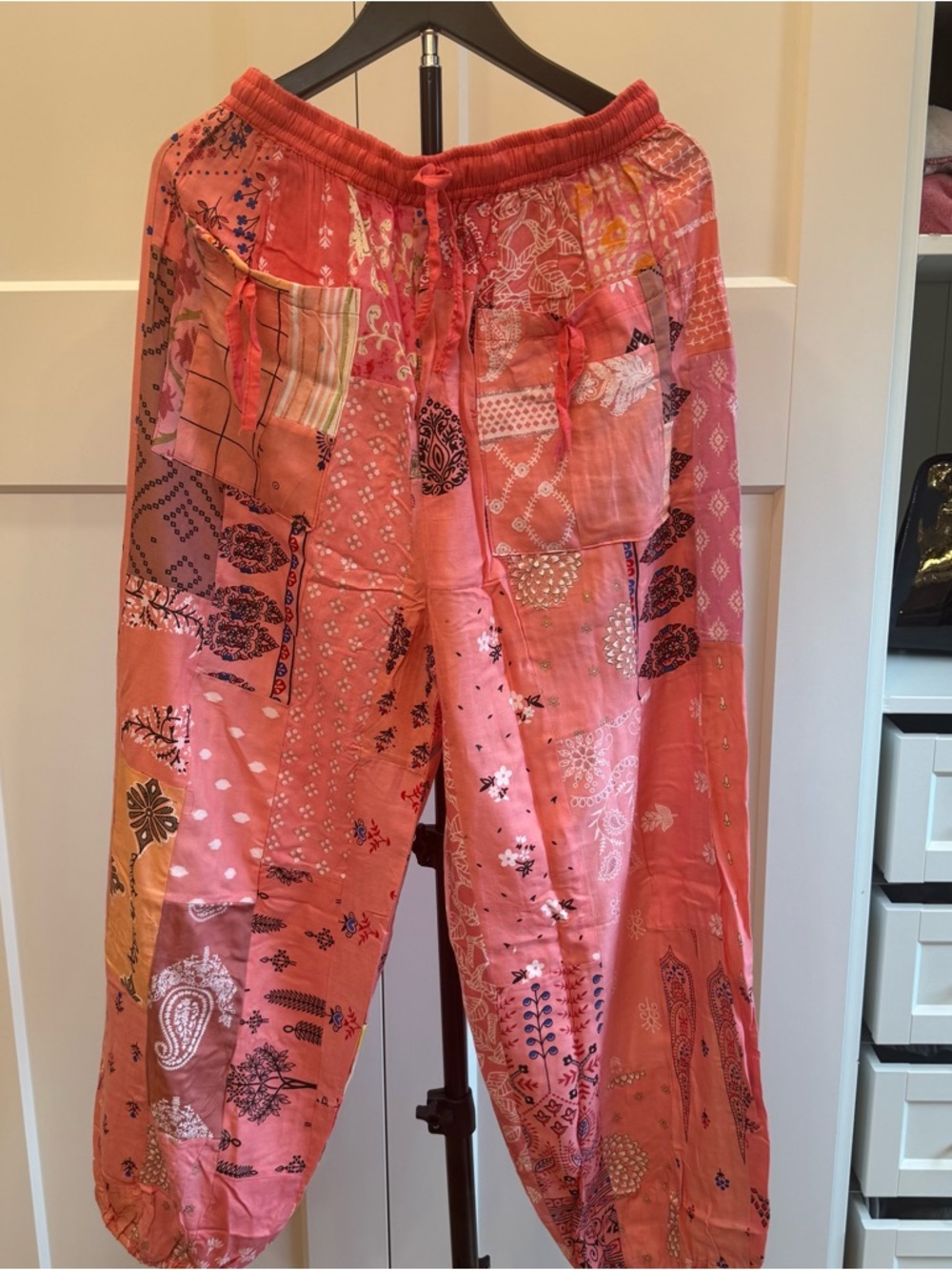 Boho Patchwork Drawstring Pants - Coral Pink Size S/M